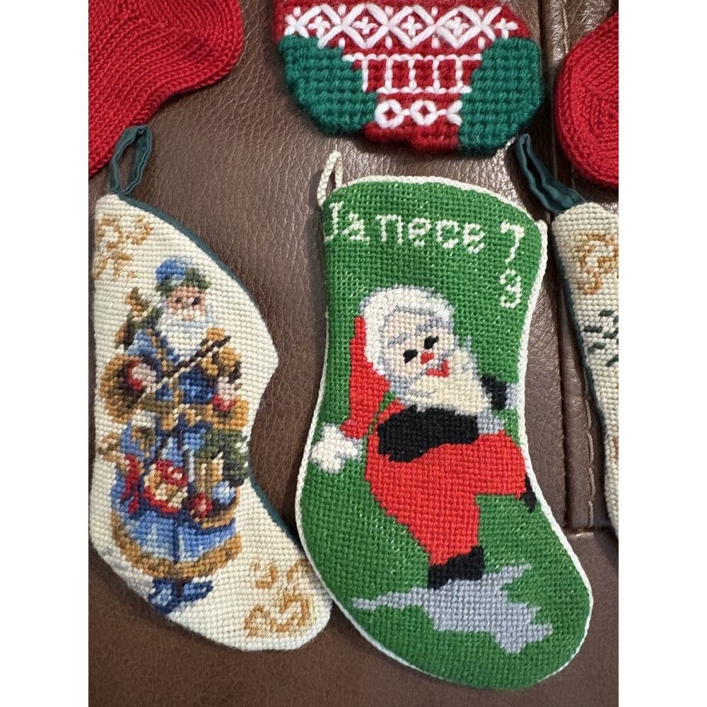 (6) Vintage Needlepoint Christmas Mini Stocking Santa Ornament 5.5"-7" appx - Picture 4 of 6